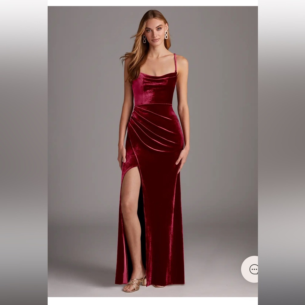 Azazie Fitted Cowl Neckline Corset Velvet Long Dress Cabernet